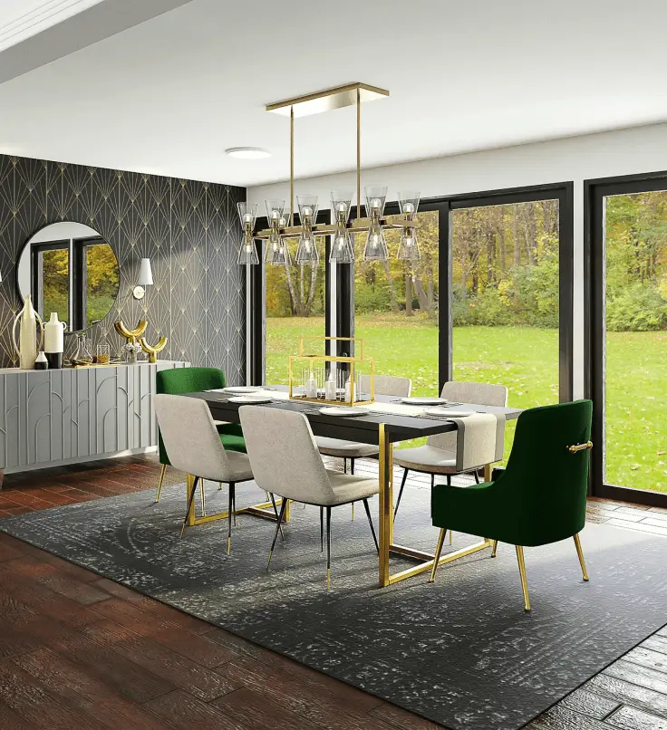 Modern dining room with large windows, a black and gold table, green and beige chairs, and a stylish chandelier above.